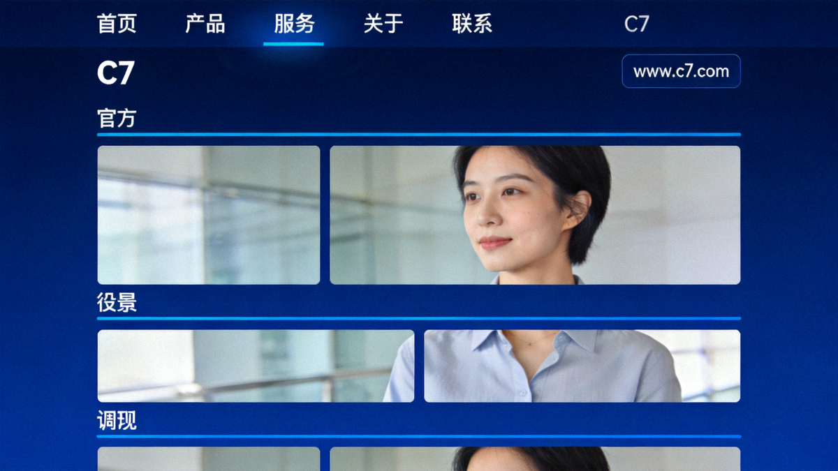 C7官网首页结构示意图，展示顶部导航栏、C7官方网址入口区块与C7导航栏目分布的深蓝色版式